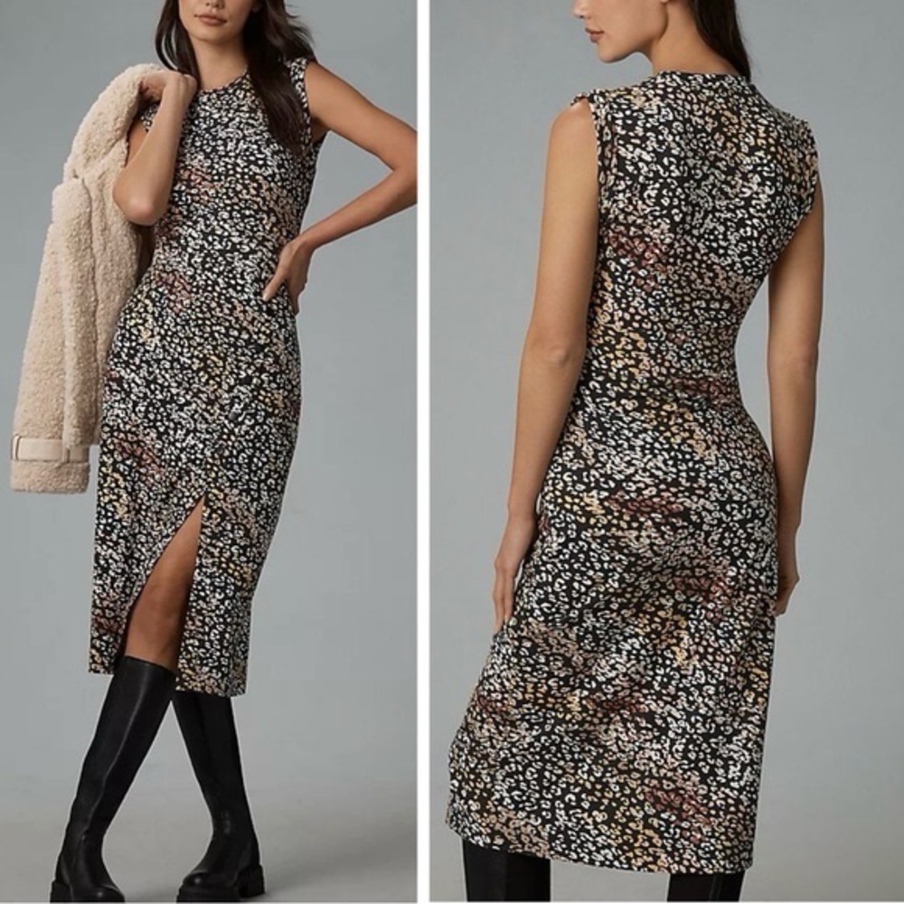 Anthropologie NWT Grey State Chiara Dress Diagonal Animal Print Midi size XS Pet